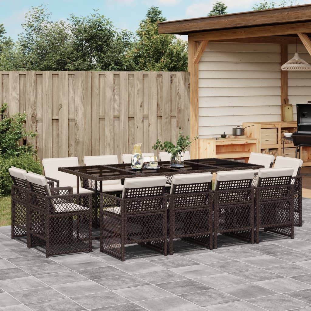 vidaXL 13-tlg. Garten-Essgruppe mit Kissen Braun Poly Rattan