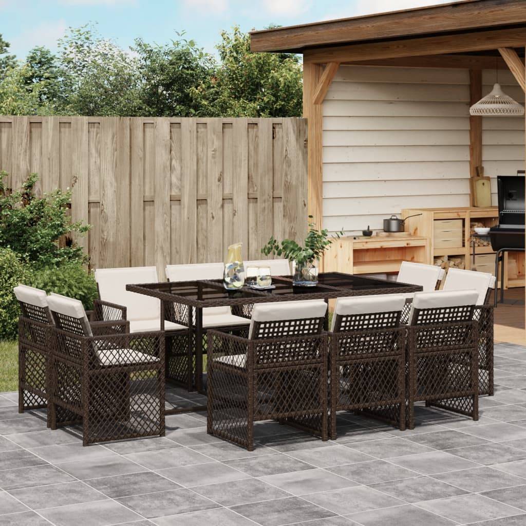 vidaXL 11-tlg. Garten-Essgruppe mit Kissen Braun Poly Rattan