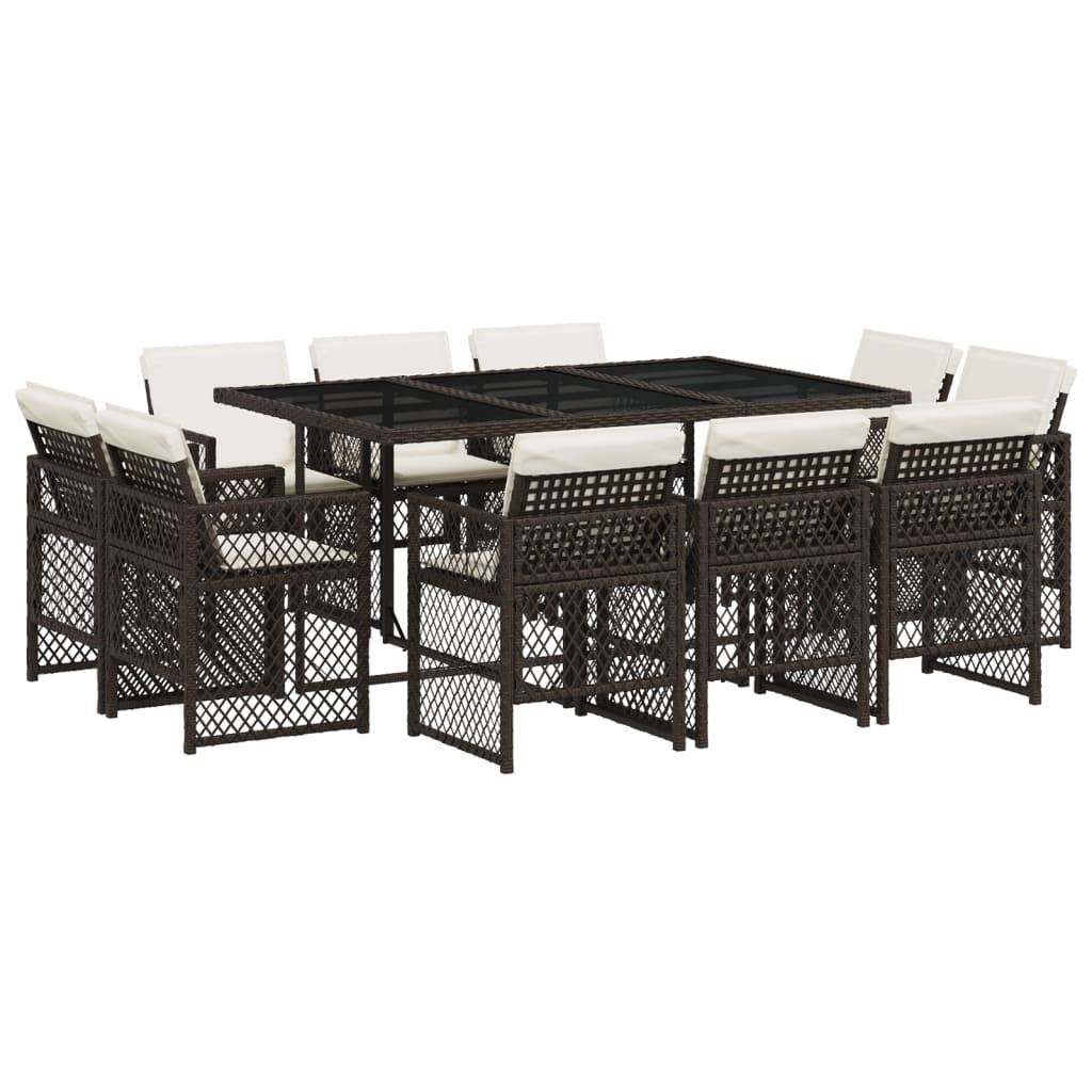 vidaXL 11-tlg. Garten-Essgruppe mit Kissen Braun Poly Rattan
