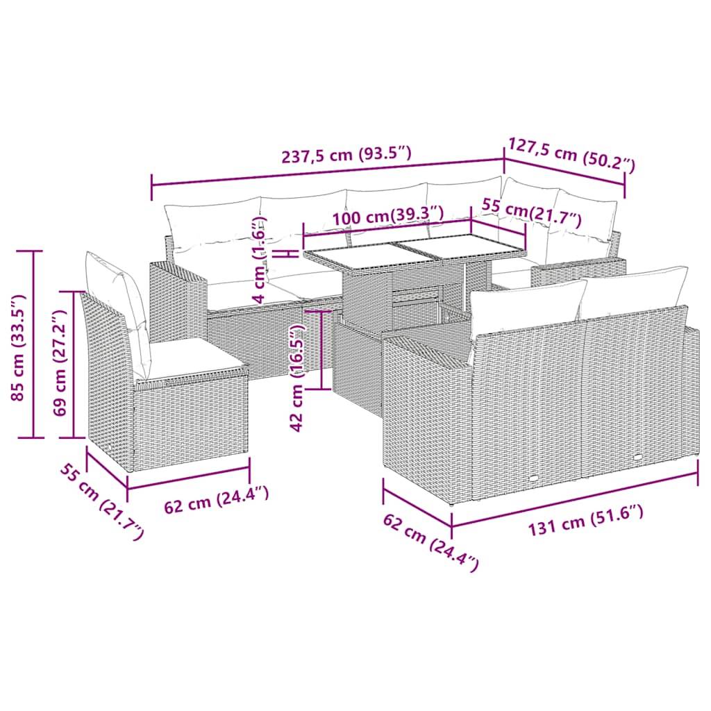 vidaXL 9-tlg. Garten-Sofagarnitur mit Kissen Grau Poly Rattan Akazie