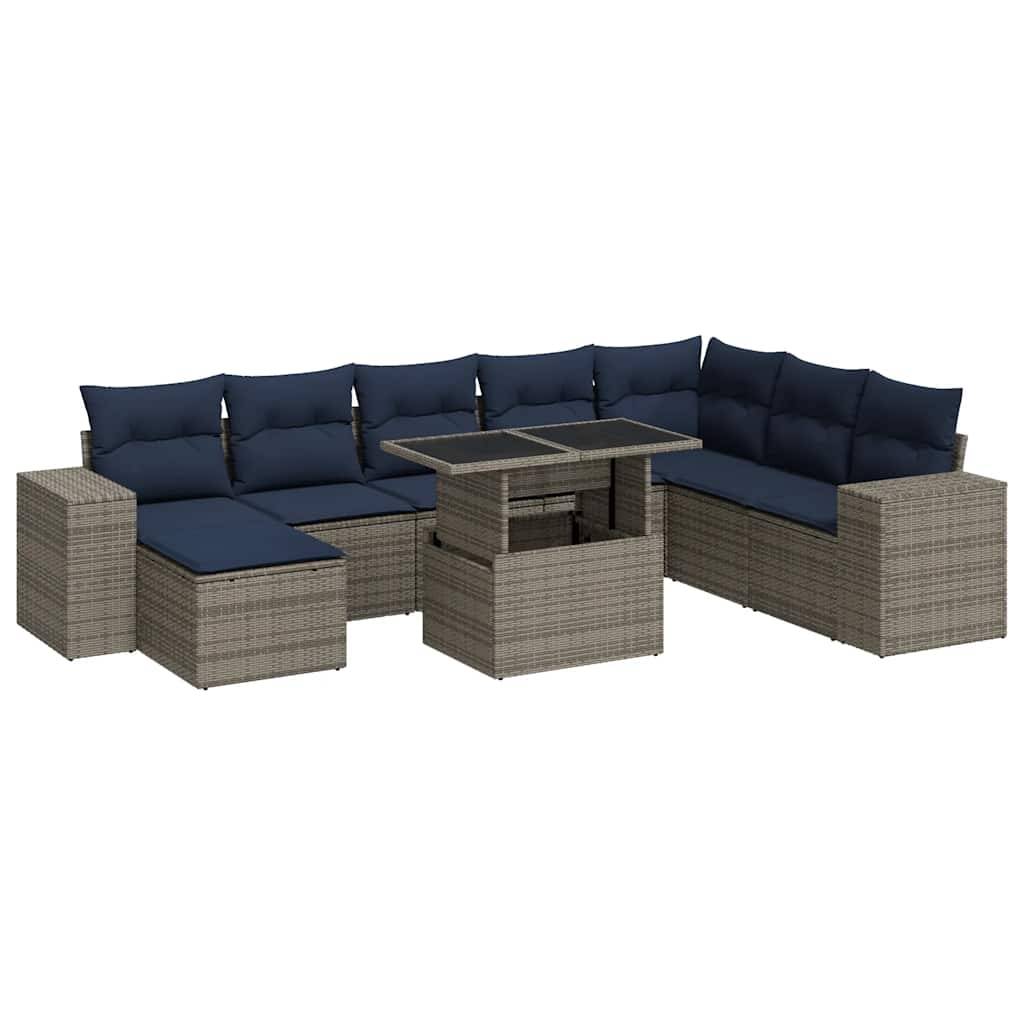 vidaXL 9-tlg. Garten-Sofagarnitur mit Kissen Grau Poly Rattan Akazie