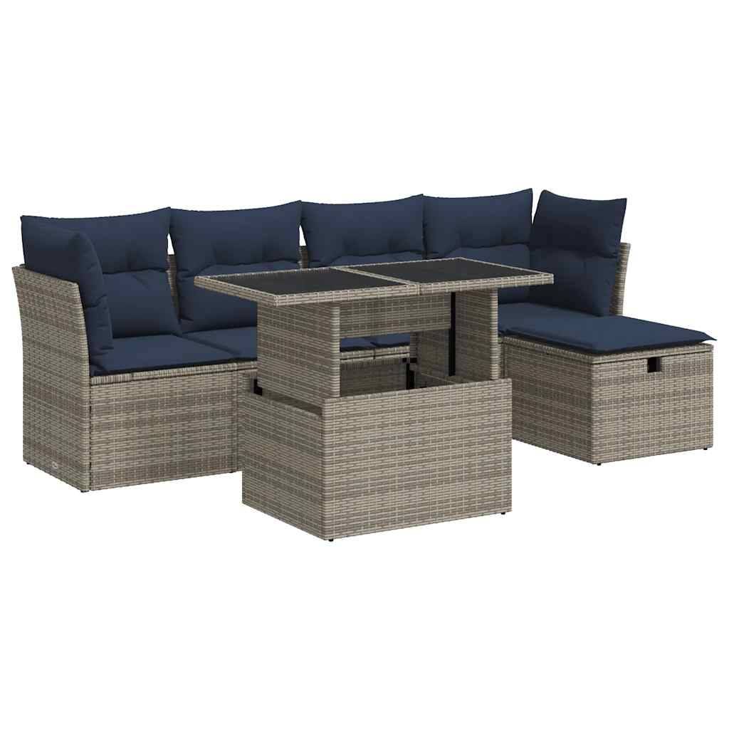 vidaXL 6-tlg. Garten-Sofagarnitur mit Kissen Grau Poly Rattan Akazie