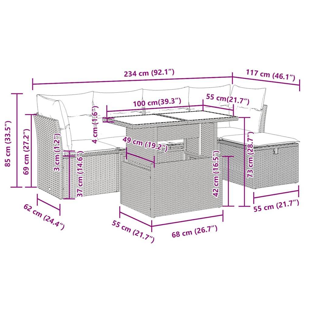 vidaXL 6-tlg. Garten-Sofagarnitur mit Kissen Grau Poly Rattan Akazie