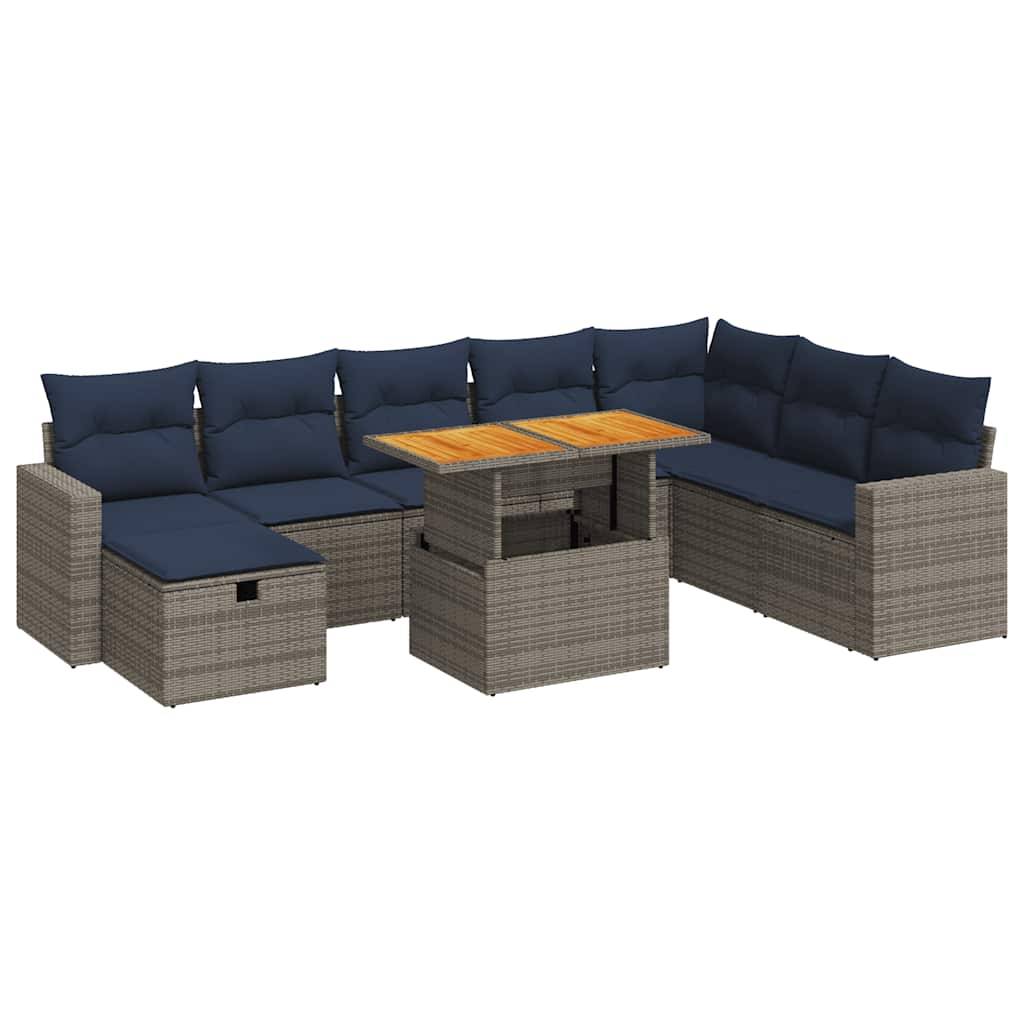 vidaXL 9-tlg. Garten-Sofagarnitur mit Kissen Grau Poly Rattan Akazie