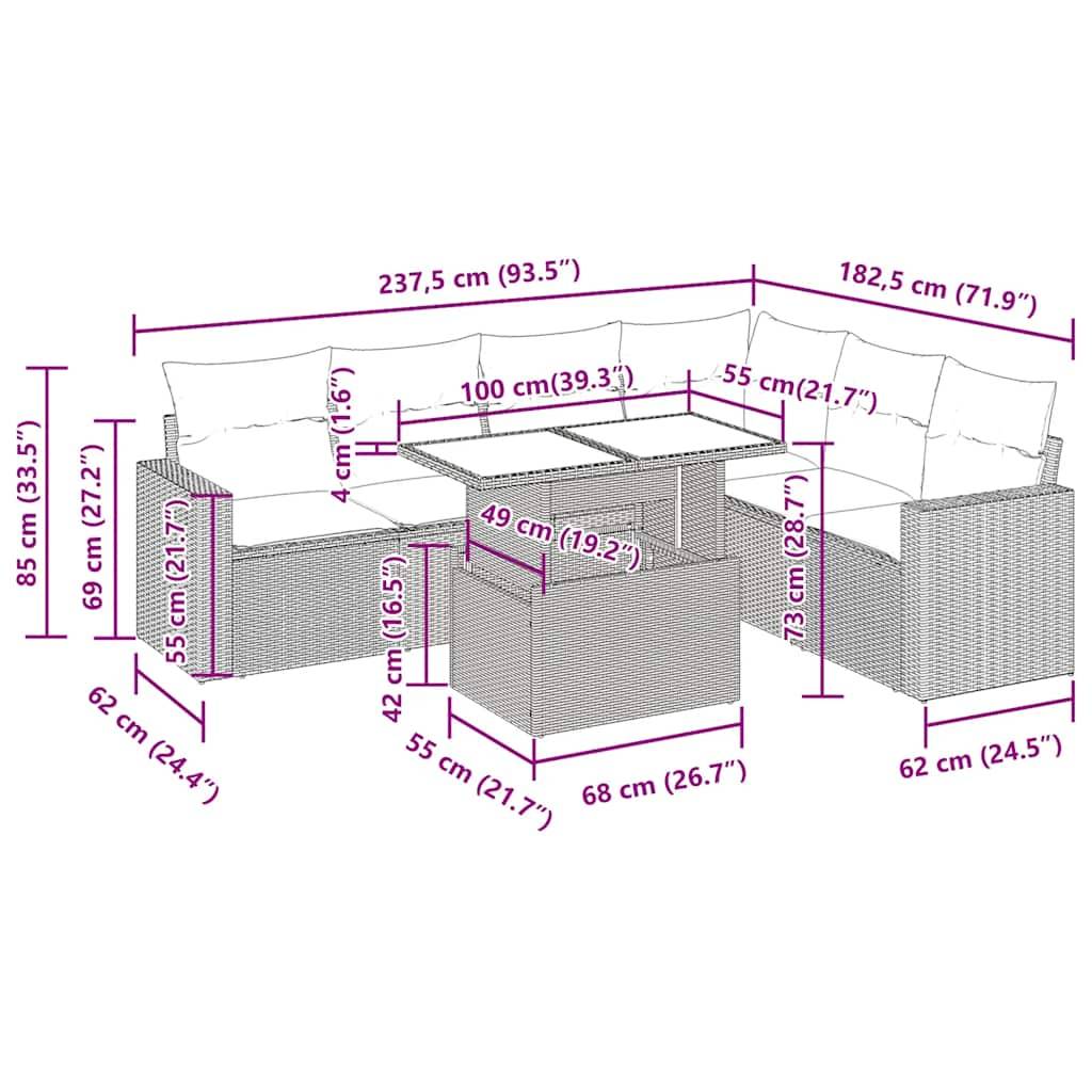 vidaXL 7-tlg. Garten-Sofagarnitur mit Kissen Grau Poly Rattan Akazie