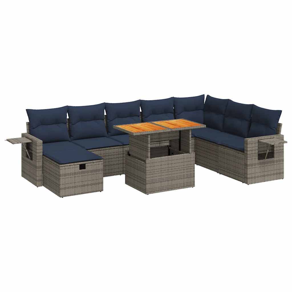 vidaXL 9-tlg. Garten-Sofagarnitur mit Kissen Grau Poly Rattan Akazie