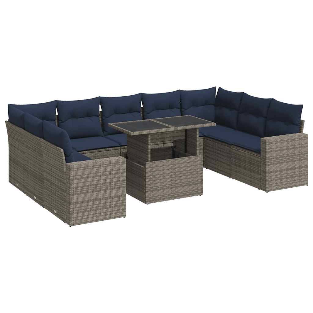 vidaXL 10-tlg. Garten-Sofagarnitur mit Kissen Grau Poly Rattan Akazie
