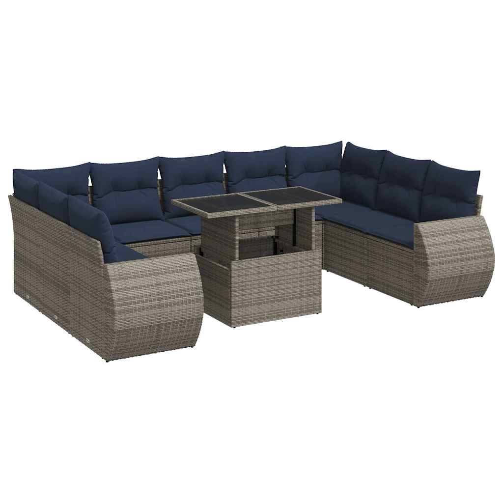 vidaXL 10-tlg. Garten-Sofagarnitur mit Kissen Grau Poly Rattan Akazie