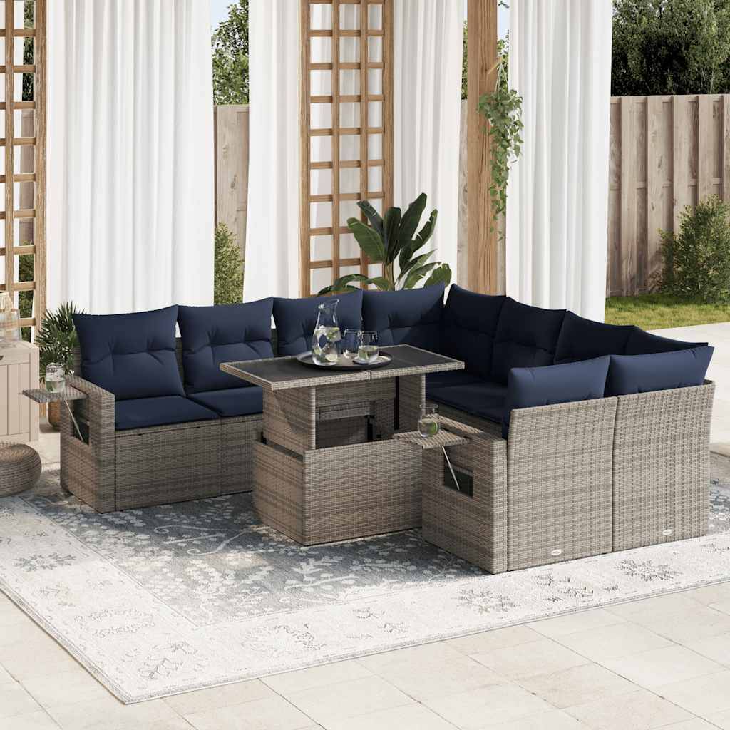 vidaXL 9-tlg. Garten-Sofagarnitur mit Kissen Schwarz Poly Rattan