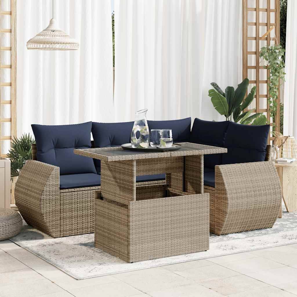 vidaXL 5-tlg. Garten-Sofagarnitur mit Kissen Grau Poly Rattan Akazie