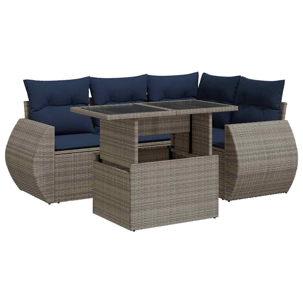 vidaXL 5-tlg. Garten-Sofagarnitur mit Kissen Grau Poly Rattan Akazie