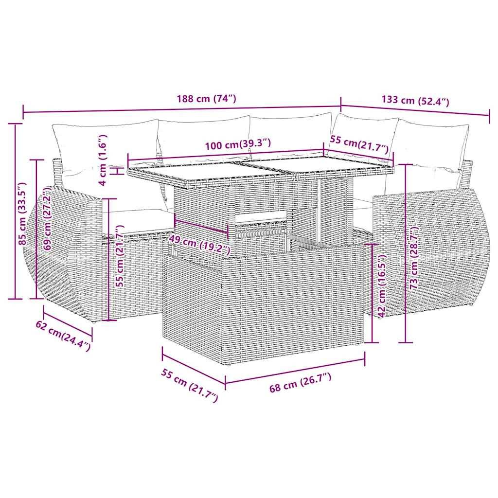 vidaXL 5-tlg. Garten-Sofagarnitur mit Kissen Braun Poly Rattan Akazie