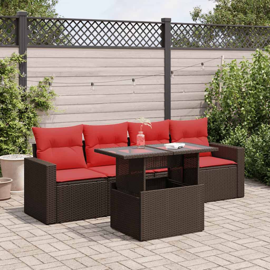 vidaXL 5-tlg. Garten-Sofagarnitur mit Kissen Braun Poly Rattan Akazie