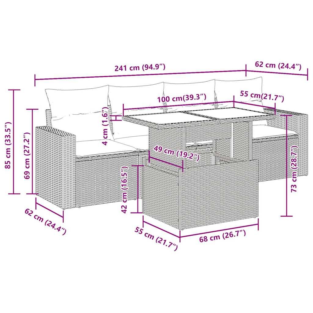 vidaXL 5-tlg. Garten-Sofagarnitur mit Kissen Braun Poly Rattan Akazie