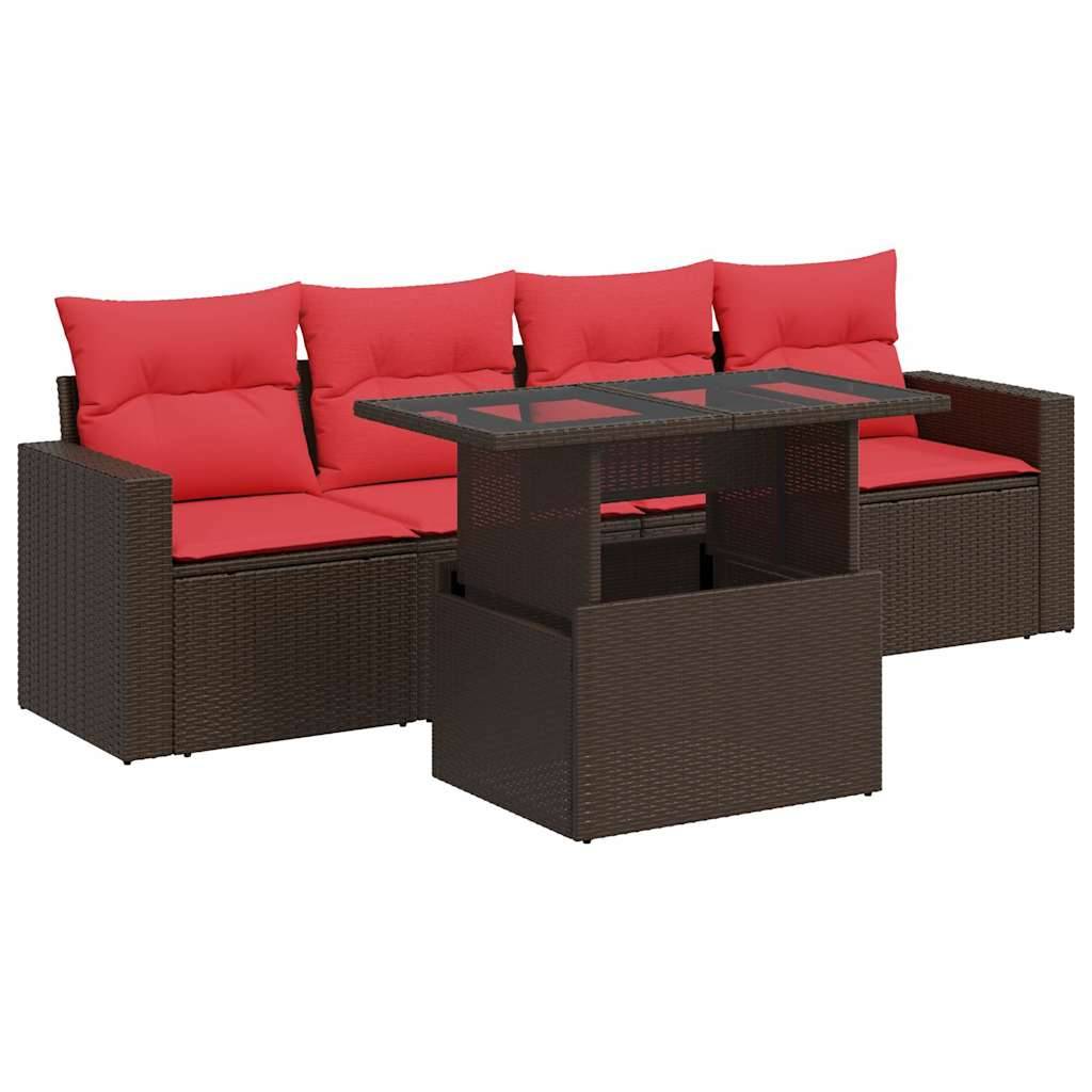 vidaXL 5-tlg. Garten-Sofagarnitur mit Kissen Braun Poly Rattan Akazie