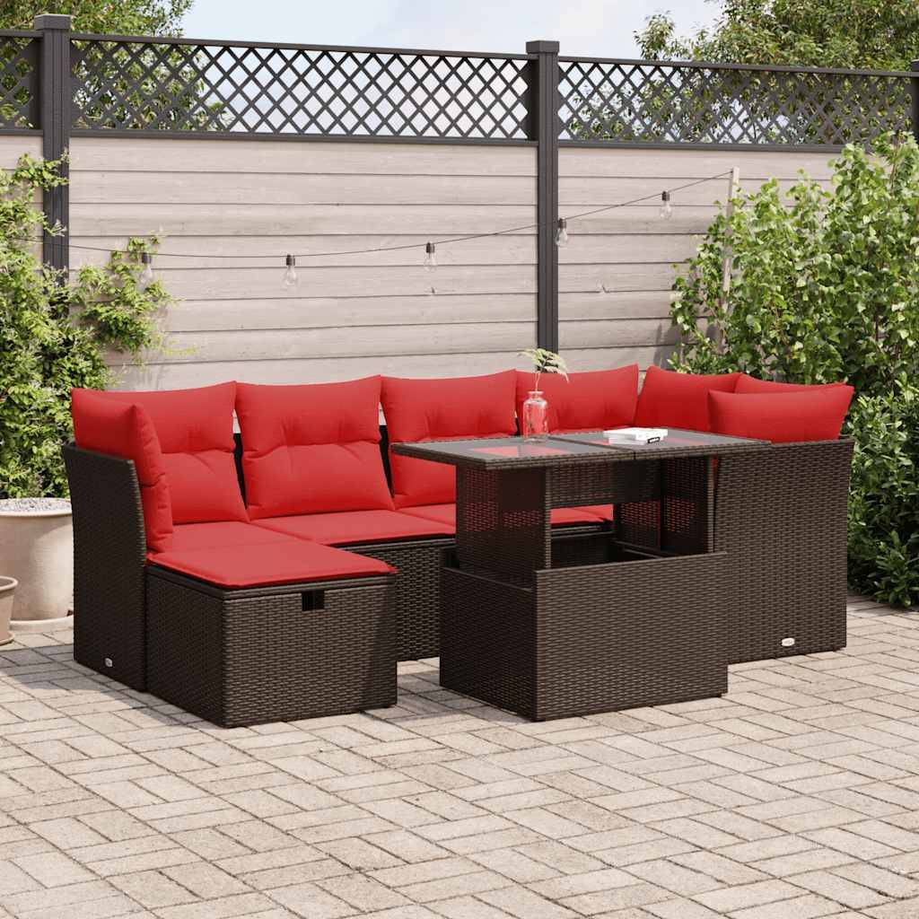 vidaXL 7-tlg. Garten-Sofagarnitur mit Kissen Braun Poly Rattan Akazie
