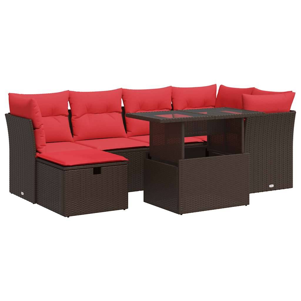 vidaXL 7-tlg. Garten-Sofagarnitur mit Kissen Braun Poly Rattan Akazie