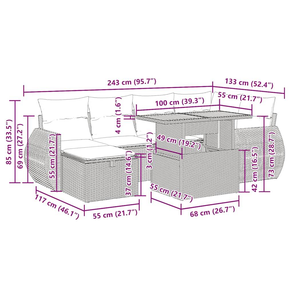 vidaXL 7-tlg. Garten-Sofagarnitur mit Kissen Braun Poly Rattan Akazie