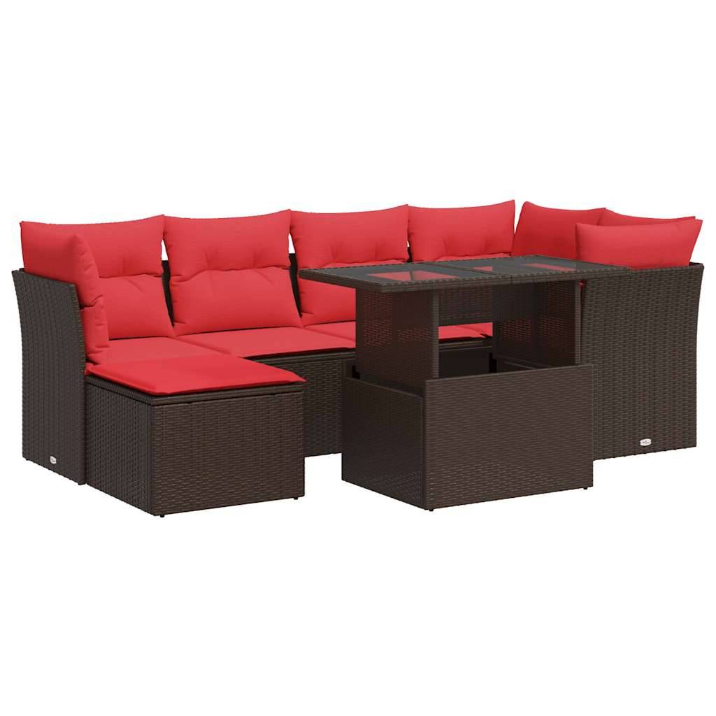 vidaXL 7-tlg. Garten-Sofagarnitur mit Kissen Braun Poly Rattan Akazie