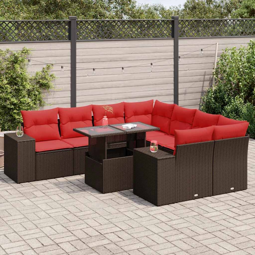 vidaXL 9-tlg. Garten-Sofagarnitur mit Kissen Braun Poly Rattan Akazie