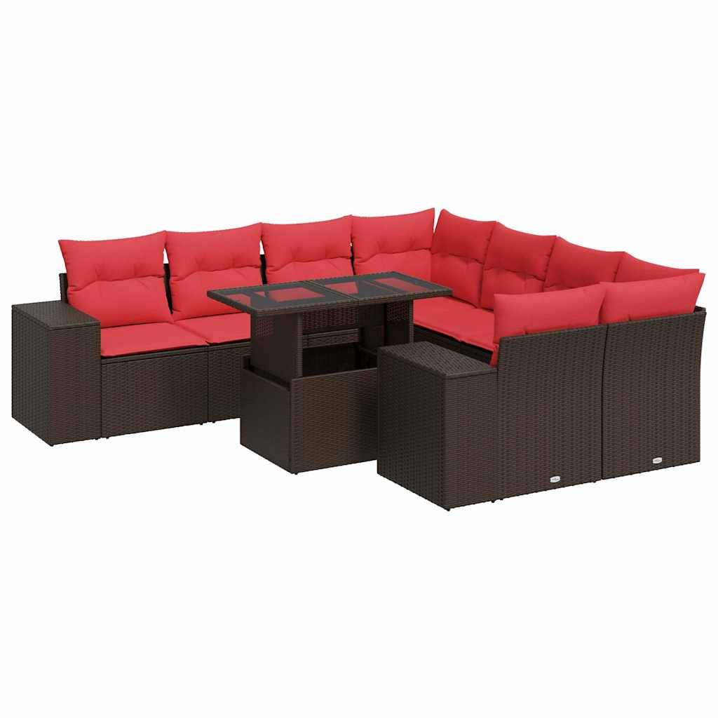 vidaXL 9-tlg. Garten-Sofagarnitur mit Kissen Braun Poly Rattan Akazie