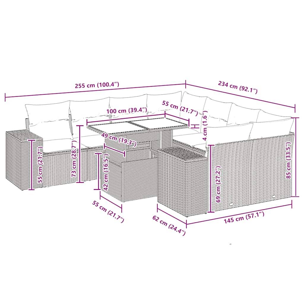 vidaXL 9-tlg. Garten-Sofagarnitur mit Kissen Braun Poly Rattan Akazie