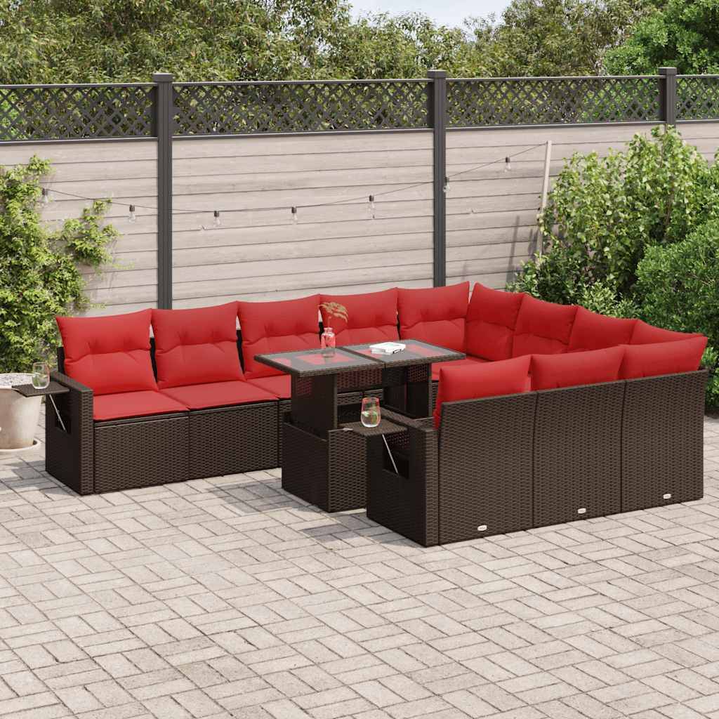 vidaXL 11-tlg. Garten-Sofagarnitur mit Kissen Braun Poly Rattan Akazie