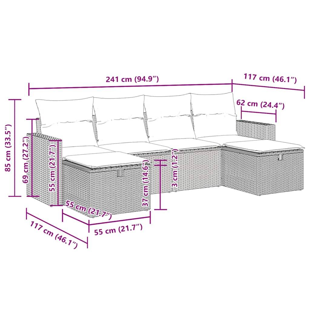 vidaXL 6-tlg. Garten-Sofagarnitur mit Kissen Braun Poly Rattan