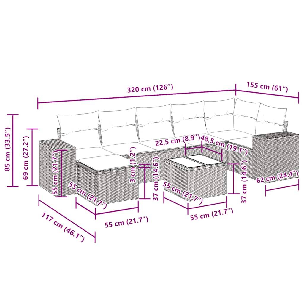 vidaXL 8-tlg. Garten-Sofagarnitur mit Kissen Braun Poly Rattan