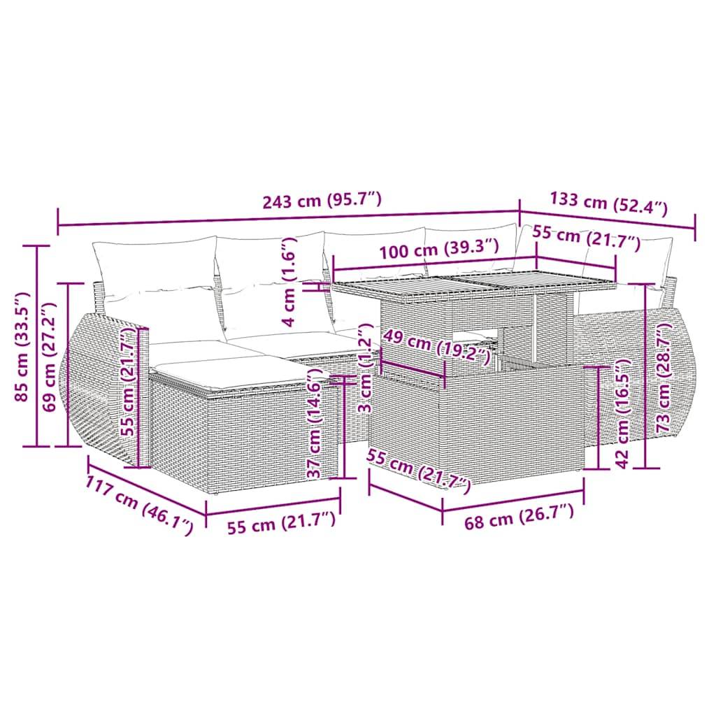 vidaXL 7-tlg. Garten-Sofagarnitur mit Kissen Grau Poly Rattan