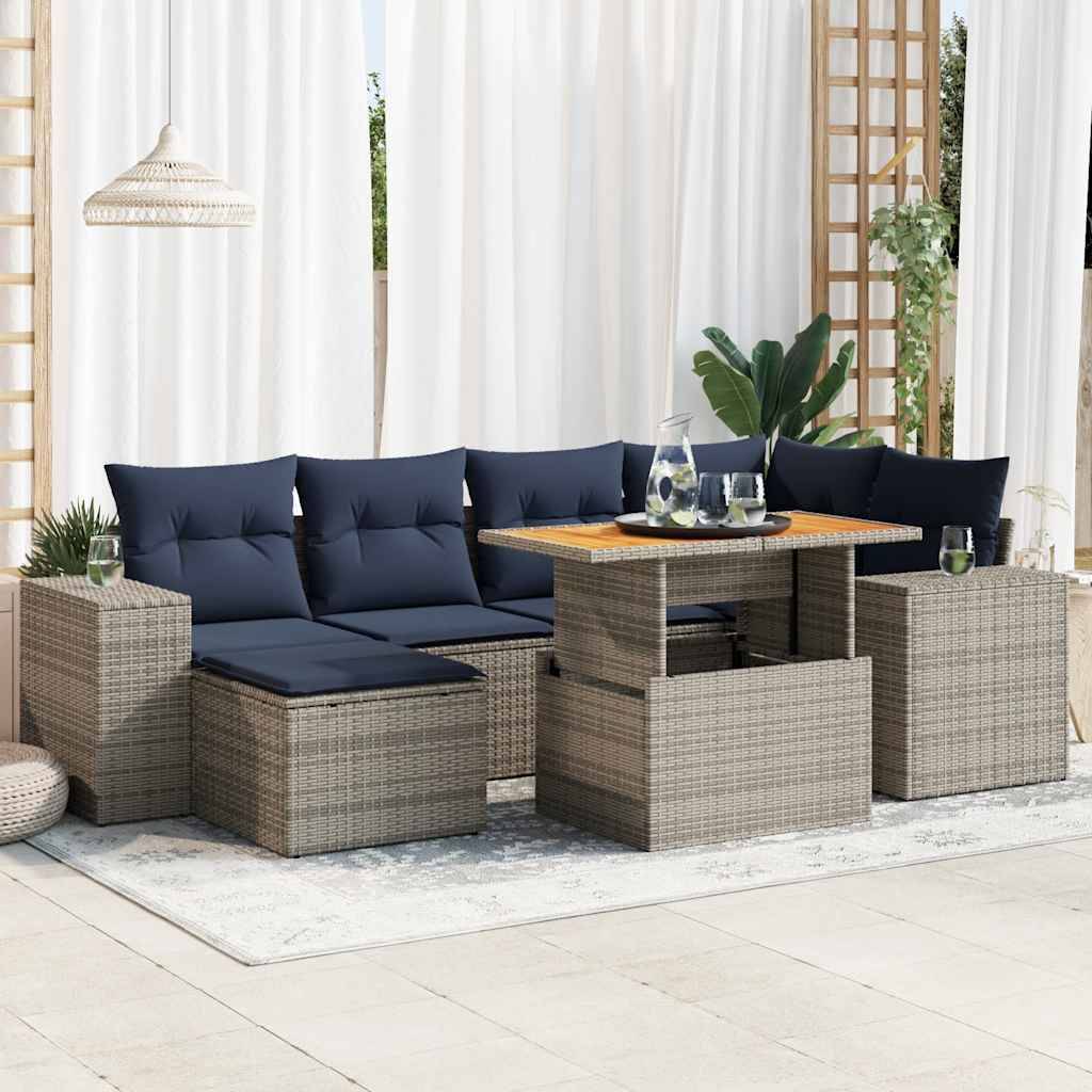 vidaXL 7-tlg. Garten-Sofagarnitur mit Kissen Grau Poly Rattan