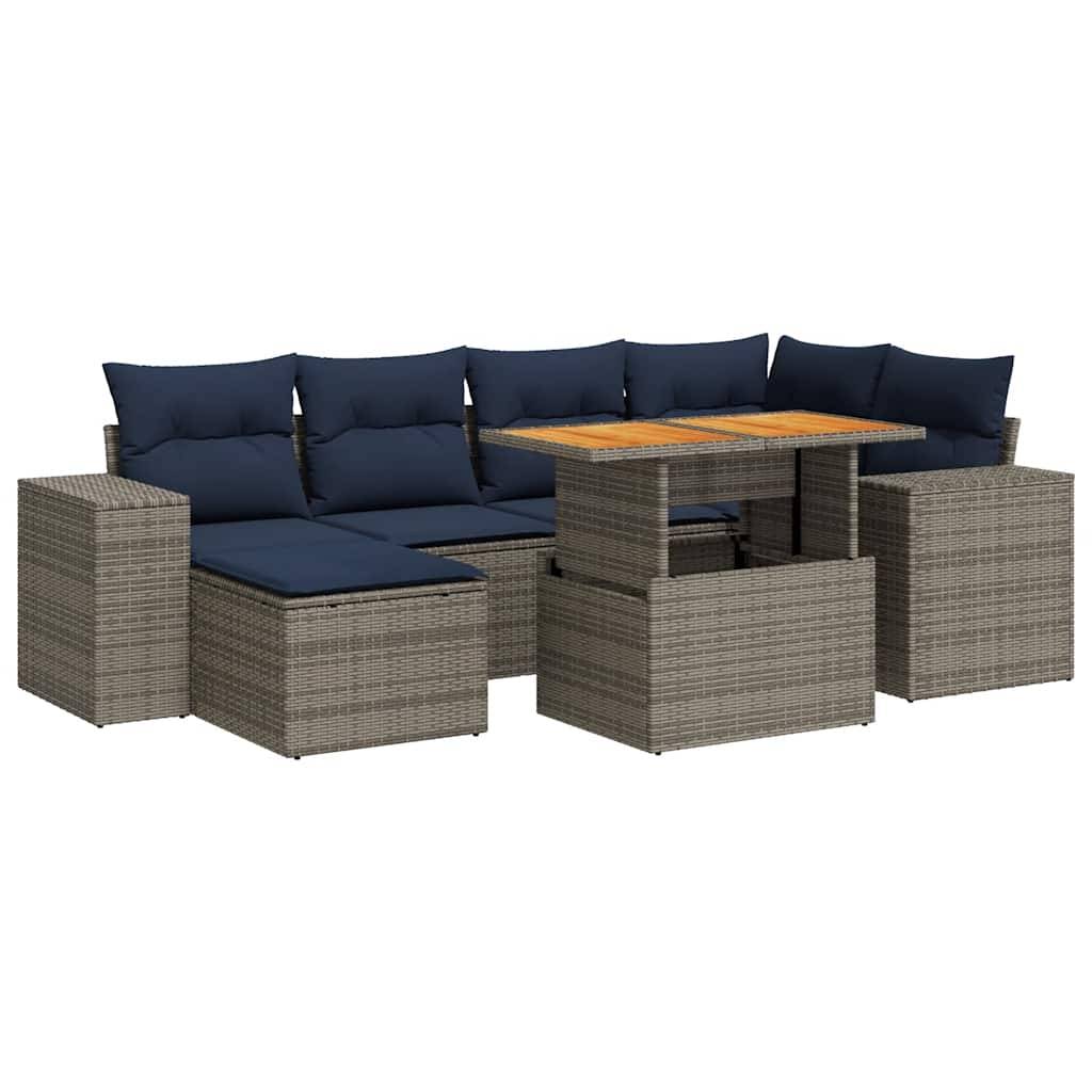 vidaXL 7-tlg. Garten-Sofagarnitur mit Kissen Grau Poly Rattan