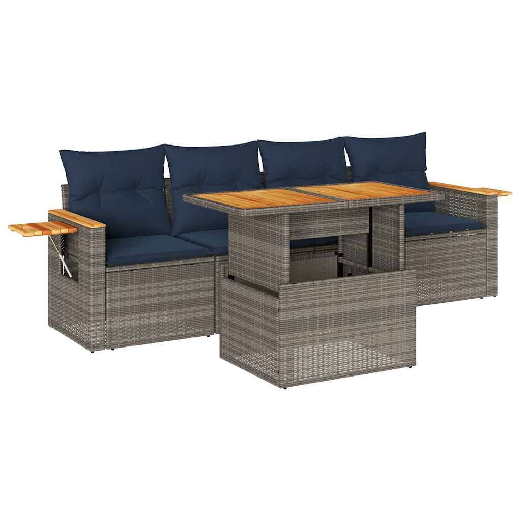 vidaXL 5-tlg. Garten-Sofagarnitur mit Kissen Grau Poly Rattan