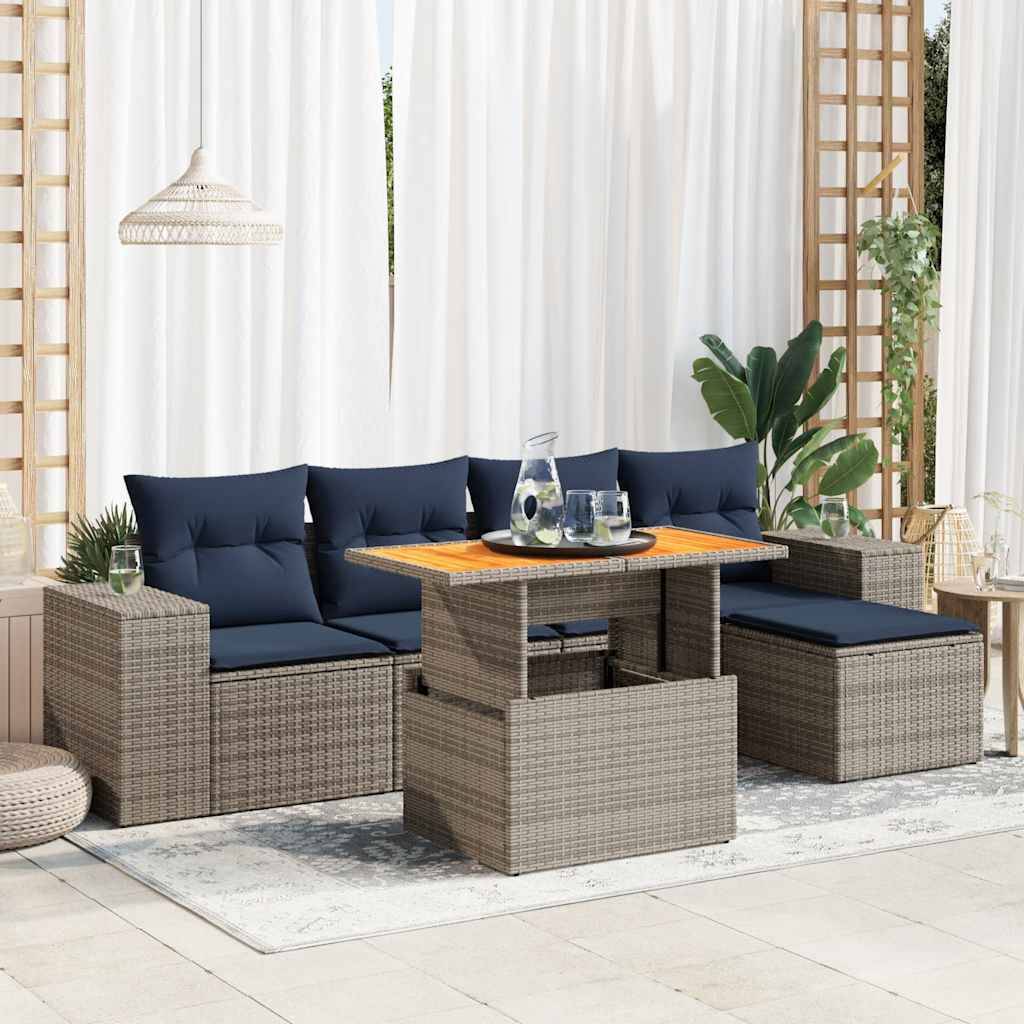 vidaXL 6-tlg. Garten-Sofagarnitur mit Kissen Grau Poly Rattan