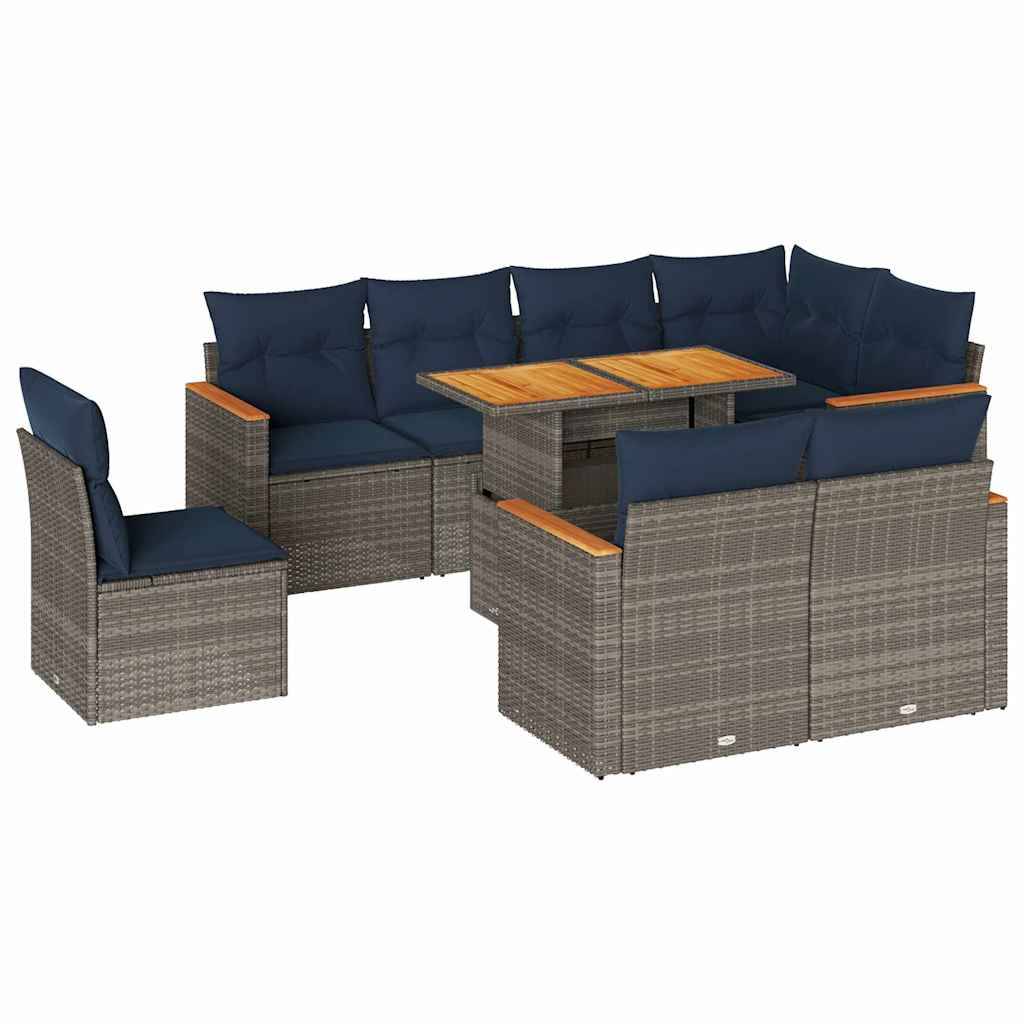 vidaXL 9-tlg. Garten-Sofagarnitur mit Kissen Grau Poly Rattan
