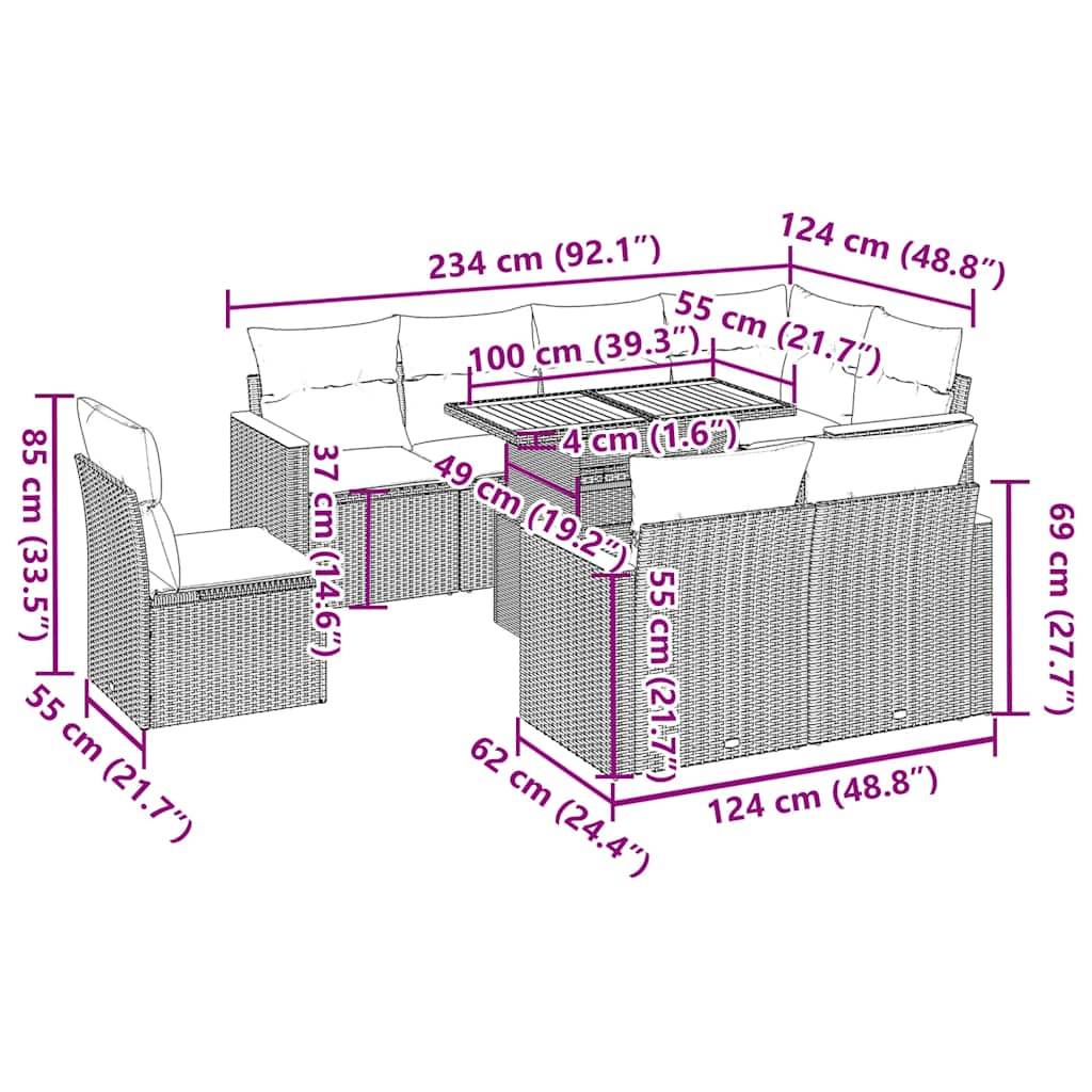 vidaXL 9-tlg. Garten-Sofagarnitur mit Kissen Grau Poly Rattan