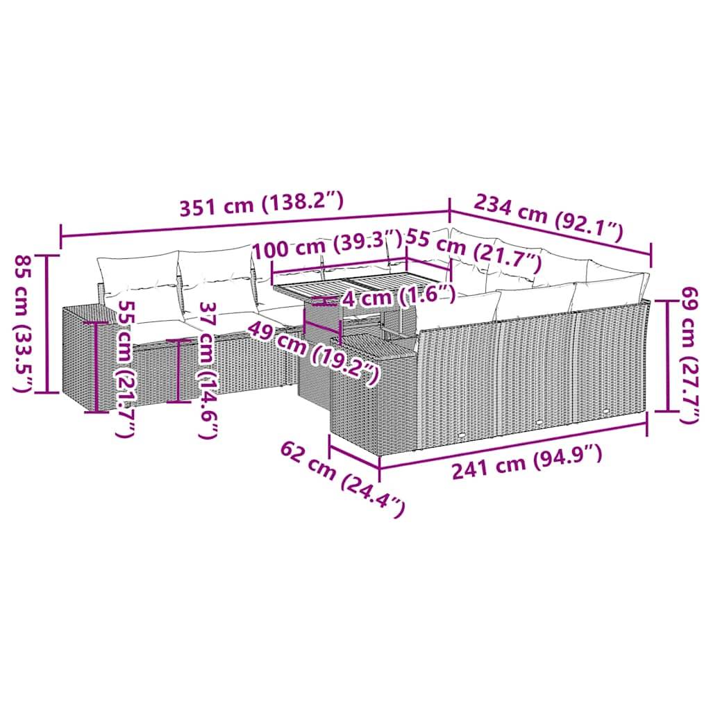 vidaXL 11-tlg. Garten-Sofagarnitur mit Kissen Grau Poly Rattan