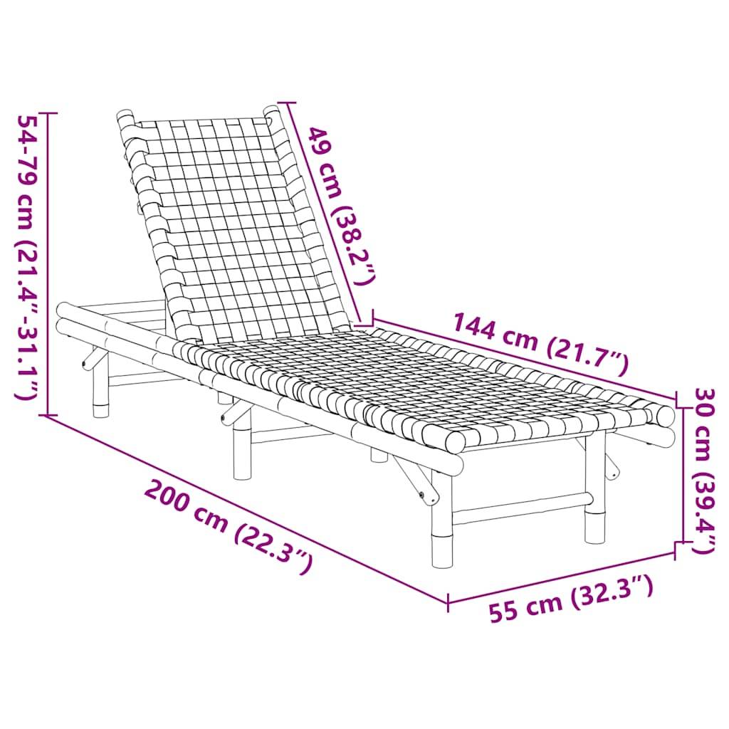 vidaXL Sonnenliege mit schwarzem gewebtem Gurtband 55x200x30 cm Bambus