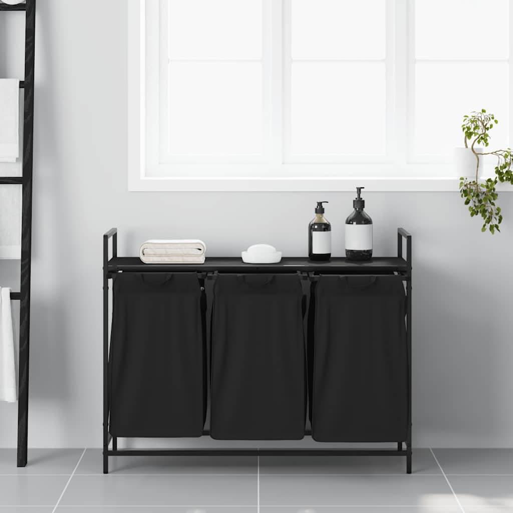 vidaXL Wäschekorb 3 Fächer mit Ablage Schwarz Eichen-Optik