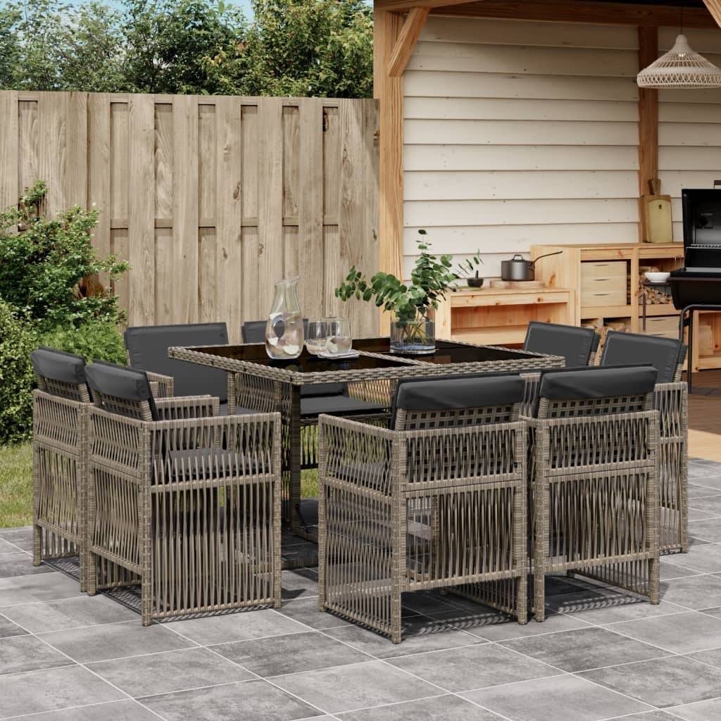 vidaXL 9-tlg. Garten-Essgruppe mit Kissen Grau Poly Rattan