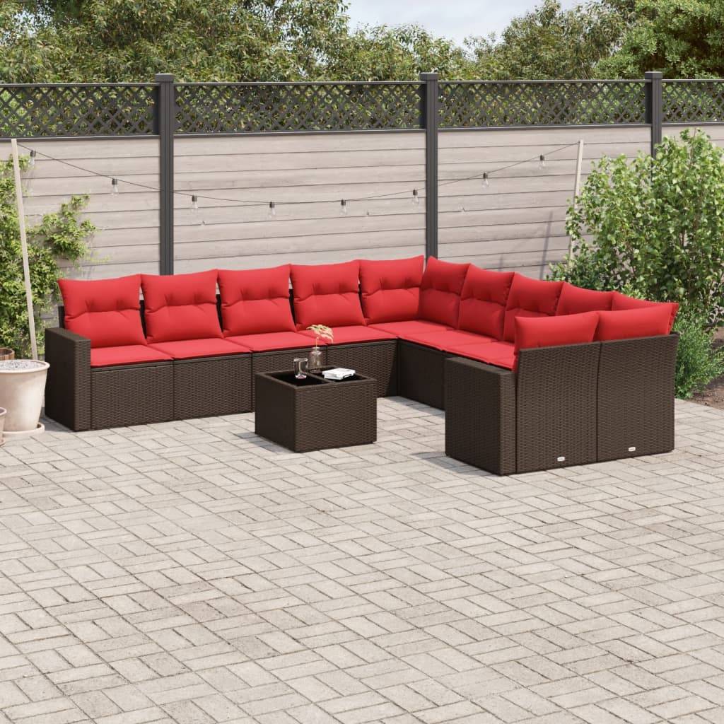 vidaXL 11-tlg. Garten-Sofagarnitur mit Kissen Braun Poly Rattan