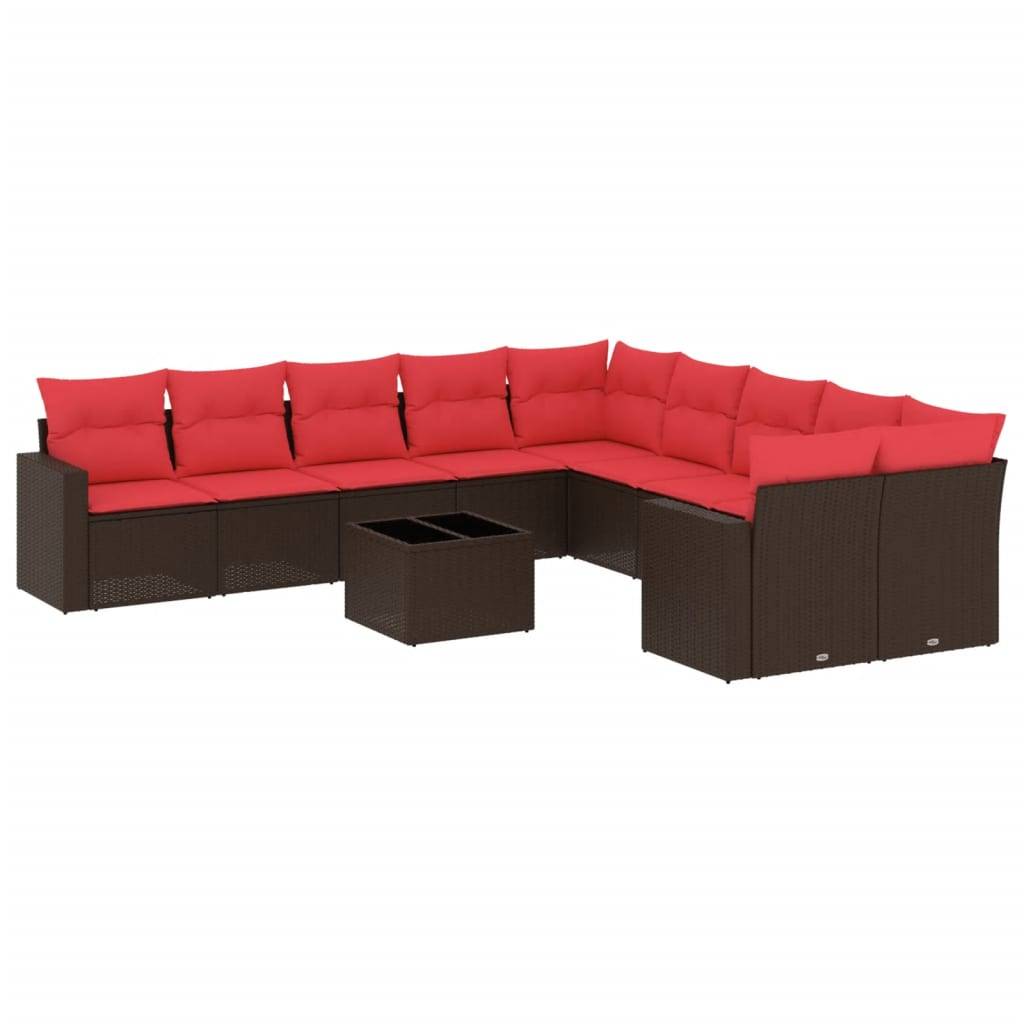 vidaXL 11-tlg. Garten-Sofagarnitur mit Kissen Braun Poly Rattan