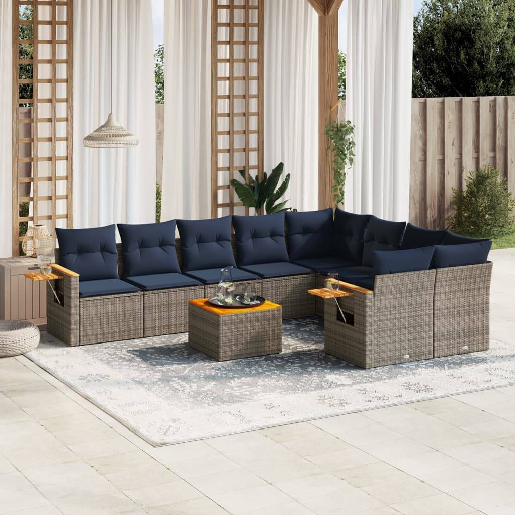 vidaXL 10-tlg. Garten-Sofagarnitur mit Kissen Grau Poly Rattan