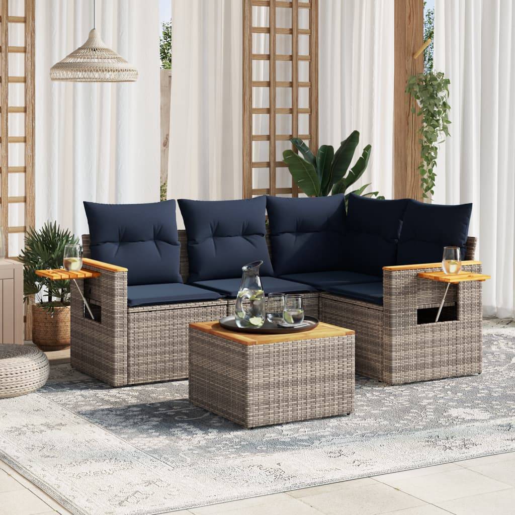 vidaXL 5-tlg. Garten-Sofagarnitur mit Kissen Grau Poly Rattan