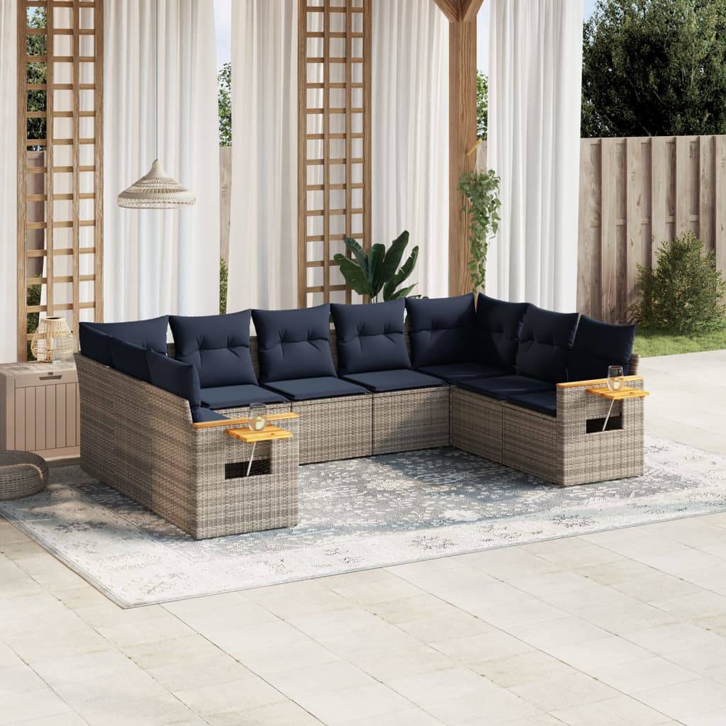 vidaXL 9-tlg. Garten-Sofagarnitur mit Kissen Grau Poly Rattan