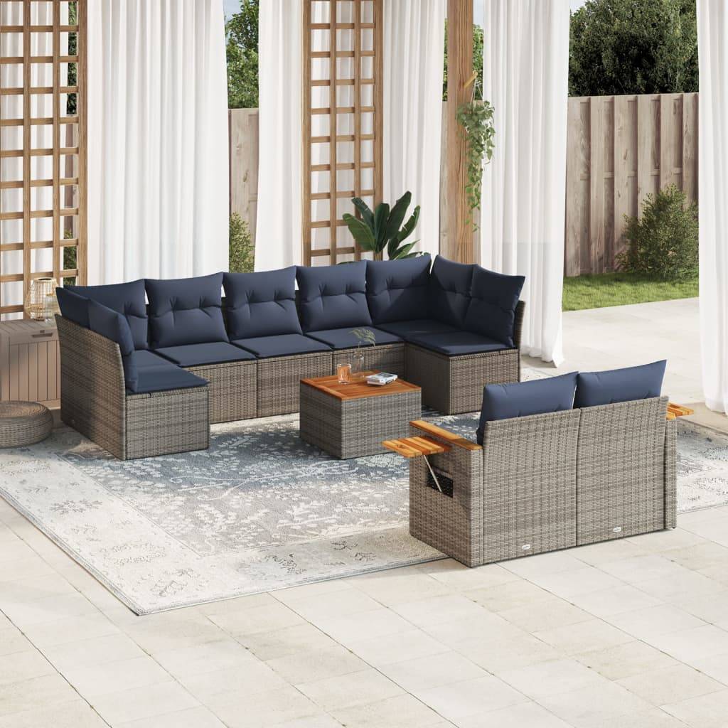 vidaXL 10-tlg. Garten-Sofagarnitur mit Kissen Grau Poly Rattan