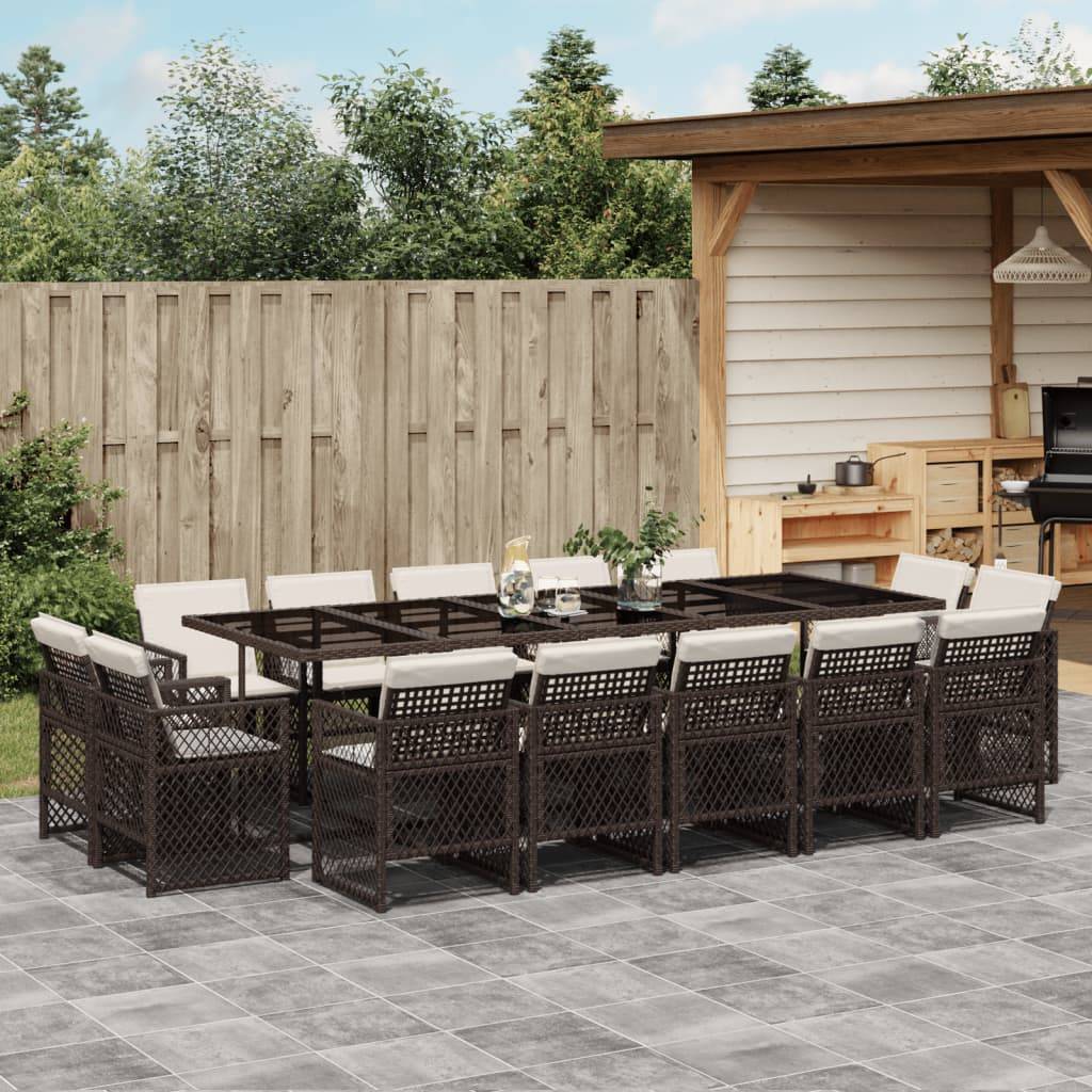 vidaXL 15-tlg. Garten-Essgruppe mit Kissen Braun Poly Rattan