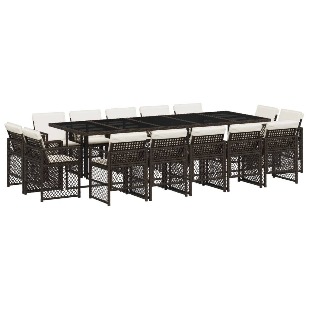 vidaXL 15-tlg. Garten-Essgruppe mit Kissen Braun Poly Rattan