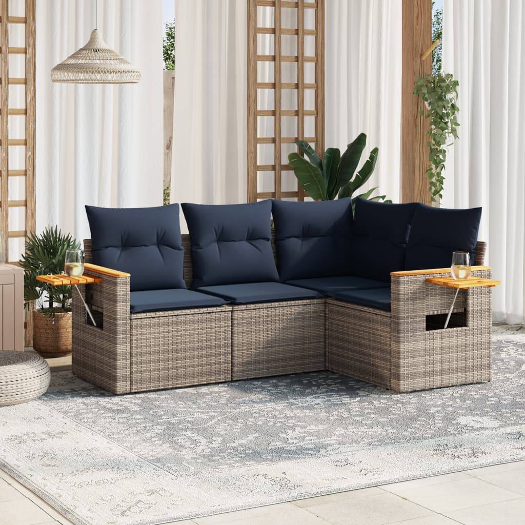 vidaXL 4-tlg. Garten-Sofagarnitur mit Kissen Grau Poly Rattan