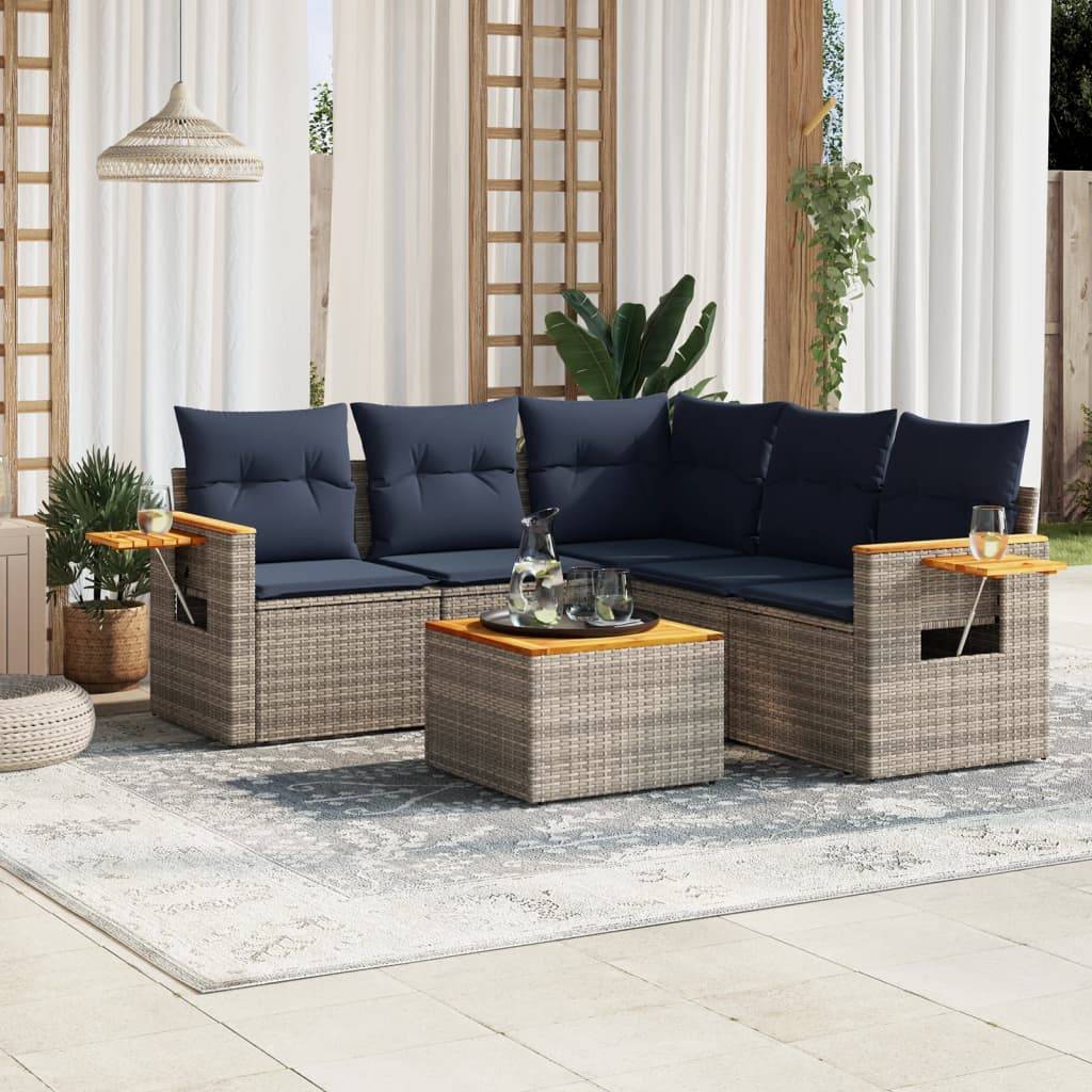 vidaXL 6-tlg. Garten-Sofagarnitur mit Kissen Grau Poly Rattan